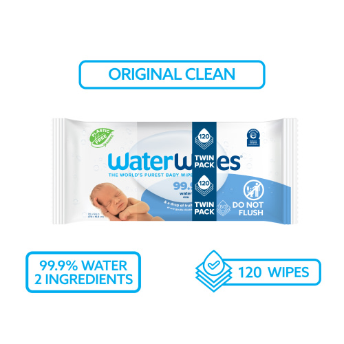 WaterWipes Original 99.9% Water Based Baby Wipes, Unscented, 2 Resealable Packs (120 Wipes)