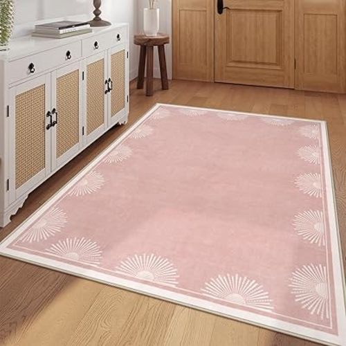 Modern 5x7 Pink Area Rugs for Bedroom Girls, Ultra Thin Washable Rugs for Living Room, Soft Sun Print Nursery Rug, Non Shedding Floor Carpets for Kids Classroom Dorm(5'x7',Pink)