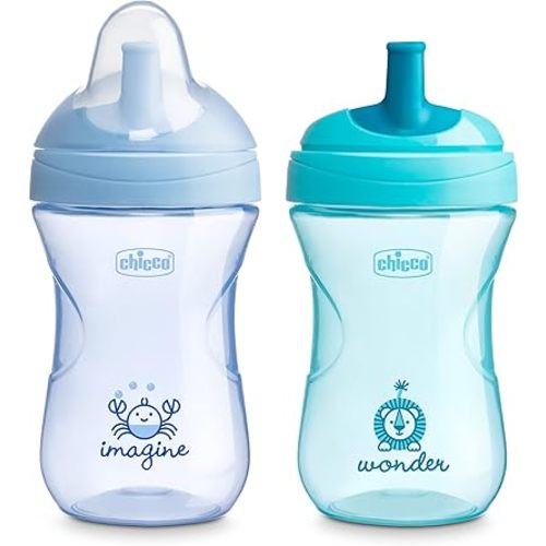 Chicco Sport Spout Trainer with Semi-Firm, Bite-Resistant Spout and Spill-Free Lid 9oz. | Top-Rack Dishwasher Safe | Easy to Hold with Ergonomic Indents | Pale Blue/Teal, 2pk | 9+ months
