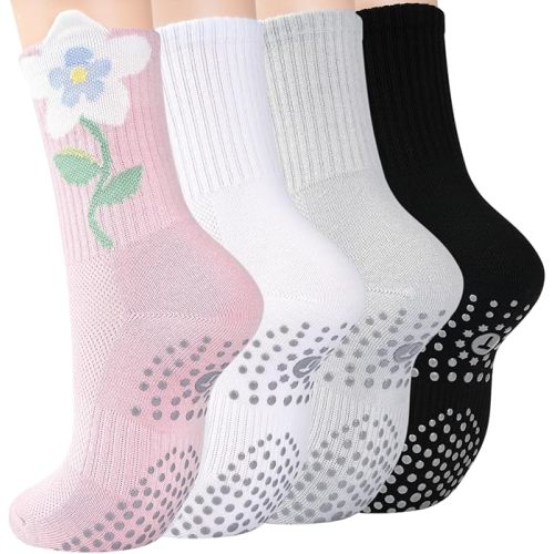 Grip Pilates Crew Socks for Women, Non Slip Yoga Socks with Grips for Barre Hospital Grippy Sticky Sock