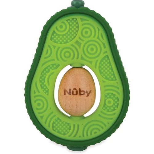 Nuby Silicone Avocado Teether with Spinning Wood Seed- 3+ Months
