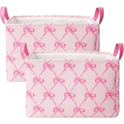 2Pcs Pink Bow Storage Basket Pink Storage Bin with Handle Large Fabric Storage Box for Home Office Organizer Decor