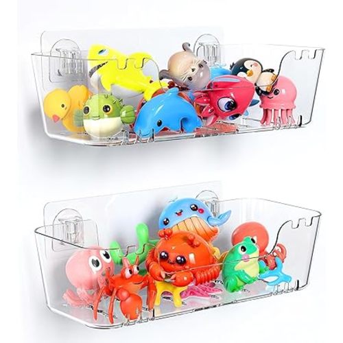 Bath Toy Storage Holder for Bathtub, Clear Acrylic Bath Toy Organizer with Drain Holes, 2 Pack Large Capacity Bathtub Toy Storage Shower Caddy for Bathroom