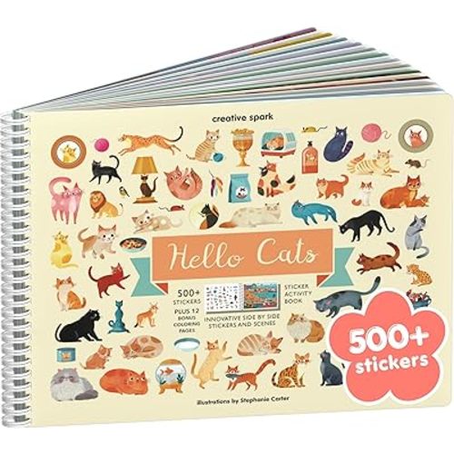 Hello Cats 500+ Sticker Book for Girls by Cupkin Toddler Airplane Activity Coloring + Sticker Book, Road Trip Essentials, 2 Coloring Pages + Scenes for Ages 2–8 Years