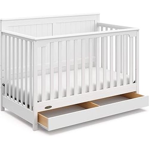 Graco Hadley 5-in-1 Convertible Crib with Drawer (White) – GREENGUARD Gold Certified, Crib with Drawer Combo, Full-Size Nursery Storage Drawer, Converts to Toddler Bed, Daybed