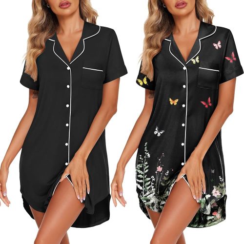 Ekouaer 2 Pack Nightgowns for Women Button Down Sleepshirts Short Sleeve Sleepwear V Neck Nightshirt Pajama Dress