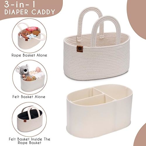 PeraBella 2-in-1 Baby Diaper Caddy Organizer for Changing Table, Cotton Rope Diaper Basket for Boy, Girl, Gift for Baby Shower, Nursery Diaper Organizer, Portable Diaper Storage, Car Caddy Organizer - Silky White