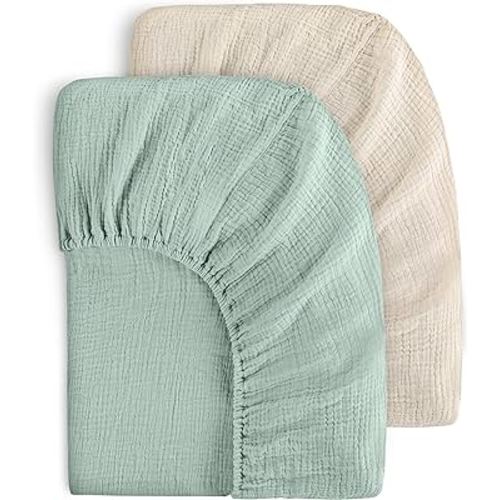 Yoofoss Muslin Crib Sheets for Boys Girls 100% Cotton Fitted Baby Crib Sheet 2 Pack Soft and Breathable for Standard Crib Mattress & Toddler Mattress 52"x28" Apricot&Green