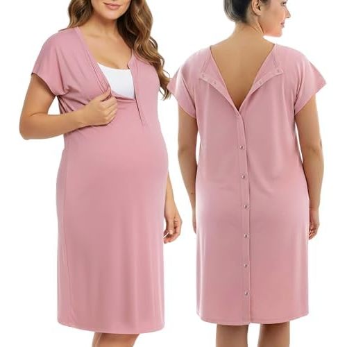 PATPAT Maternity Labor and Delivery Gown, 3 in 1 Hospital Nursing Nightgown with Easy Snaps, Skin-to-Skin Access & Pockets