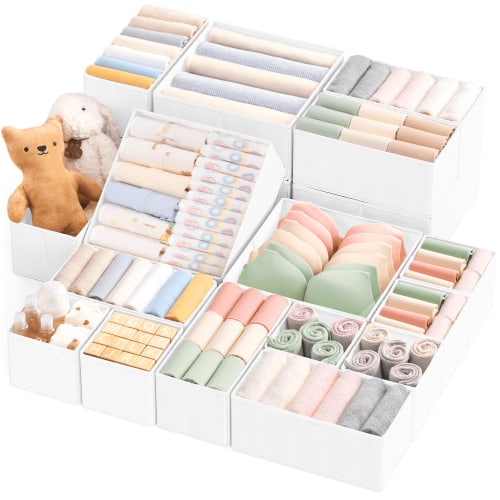 Criusia 42 Pieces Drawer Organizer Clothes, 21 Foldable Storage Bins with 21 Thickened Bottom Boards, Non-Woven Fabric Closet Dividers for Clothes, Socks, Underwear & Bed Sheets, White