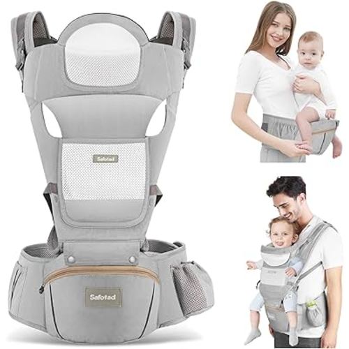Baby Carrier with Hip Seat,Ergonomic M Position 6in1 Baby Carrier Newborn to Toddler,Head Support and Breathable Mesh Newborn Carrier,Adjustable Baby Holder Carrier for Dad&Mom-Grey