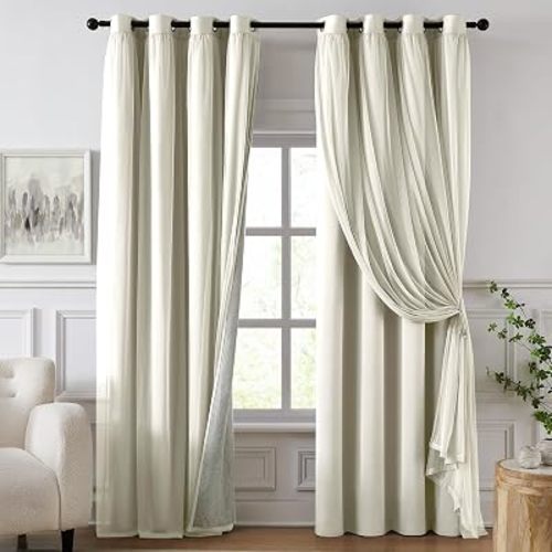 100% Blackout Curtains for Bedroom, Double Layer Ivory Curtains, Black Out Curtain 84 inch Long with Sheer Overlay for Living Room, Room Darkening Window Drapes with Grommet, 52" W x 84" L