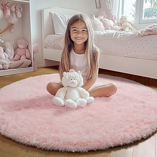 ONASAR Light Pink Round Area Rugs 4ft for Bedroom Living Room, Washable Fluffy Circle Rug for Kids Girls Boys Teen, Soft Plush Shaggy Carpet for Nursery Dorm Classroom Playroom Home Decor Aesthetic