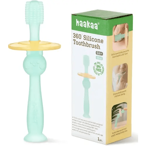 haakaa Baby Toothbrush Baby - 360° Food Grade Silicone Toothbrush for Baby 6M Toothbrush with Shield & Base Design, 1pc (Blue)
