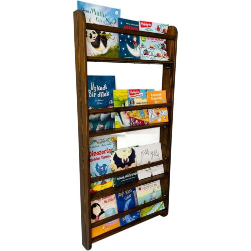 Real Wood Handmade Walnut Color Kids Wall Mounted Montessori Bookshelf for Nursery, Bedroom, Living Room (4 Tier, 48" Hx24 W)