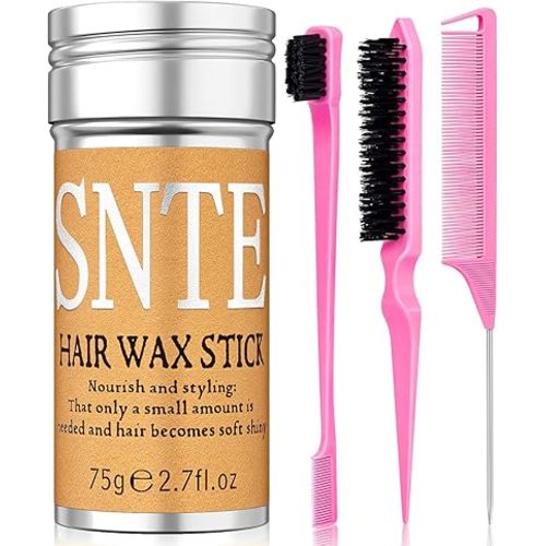 Hair Wax Stick, Slick Back Hair Brush Set 4Pcs, Wax Stick for Hair, Bristle Brush for Flyaways, Teasing Brush for Hair Styling, Edge Brush for Tame Frizz Baby Hair, Rat Tail Combs for Parting