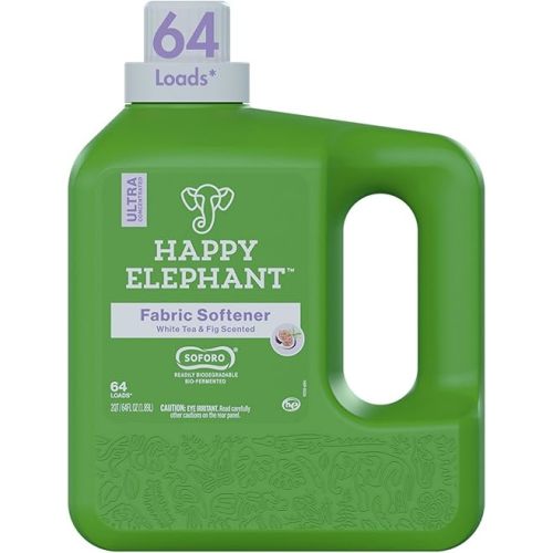 Happy Elephant Fabric Softener, White Tea & Fig Scent, Natural Biodegradable Liquid Fabric Softener, Plant Based, Softens Clothes & Reduces Static, Gentle on Skin, HE Compatible, 64 Fl Oz, 1 Pack