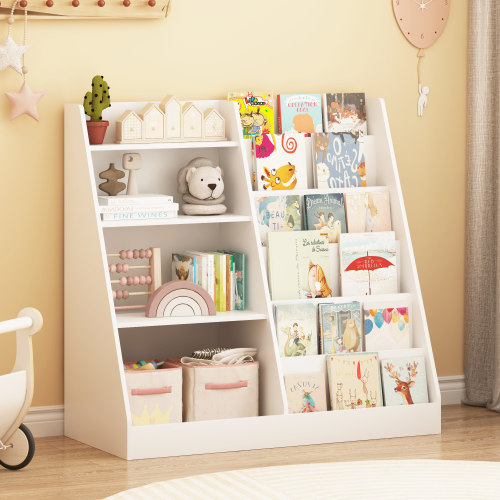 Kids Bookshelf, 4-Tier Wooden Bookcase With 2 Shelves And Toy Storage Bin, MDF Board For Books And Toys Display In Childrens Room Playroom Nursery, 34.65 x 15.75 Inch White