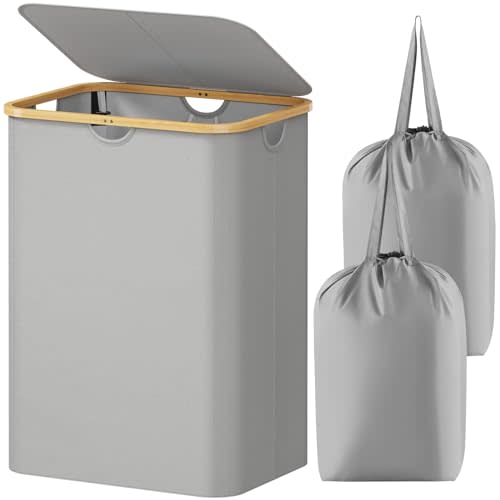 Lifewit 150L Laundry Basket with Lid, Clothes Hampers for Laundry with Bamboo Handles and 2 Removable Laundry Bags, Large Foldable Laundry Hamper for Bedroom, Bathroom, Dorm, Laundry Room, Sliver Gray