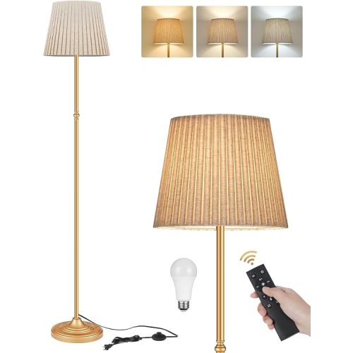 Dimmable Floor Lamp for Living Room, 68" Tall Standing Lamp, Reading Light with Remote & Foot Pedal, 10W LED Bulb (3000K-6500K) Included, FCC Listed, Reinforced Base, Gold and Beige DE12LD05