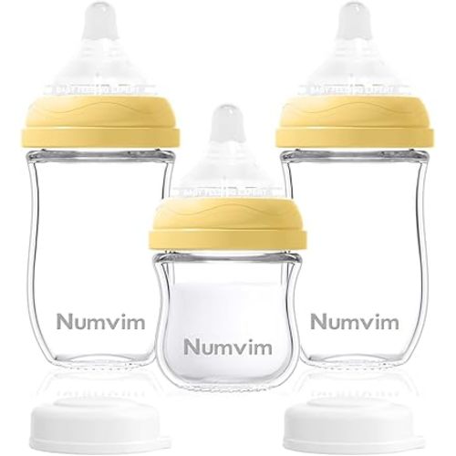 Glass Baby Bottles Gentle Slow Flow, Newborn Breastfeeding Bottle with Anti Colic Nipple for 0 Months Babies, 3 Packs (3oz+5 Ounce(3pcs))