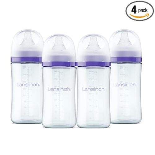 Lansinoh Glass Baby Bottles, Anti-Colic, 8 Ounces, 4 Count Bottles for Feeding, Baby Essentials, Includes 4 Medium Flow Nipples, Size M