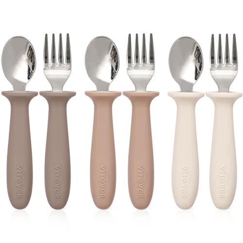 6 Pieces Toddler Utensils, Children Silverware Set with Silicone Handle, Kids Safe Spoons and Forks, Dishwasher Safe, 18/8 Stainless Steel, Food-grade Silicone,BPA Free - Tan