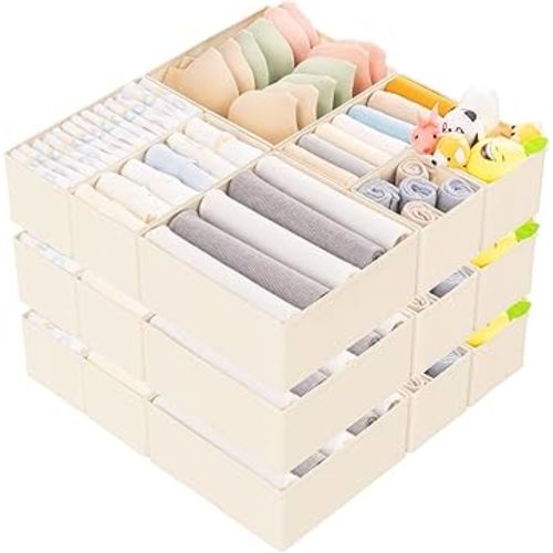 Criusia 15 Pack Drawer Organizer for Clothes, Foldable Dresser Dividers with 3 Sizes, Fabric Storage Bins – Beige