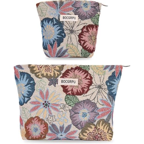 2 PCS Makeup Bag Set,Portable Cosmetic Bag for Purse ,Large Storage Capacity Toiletry Bag Make up Organizer,Travel Pouch with Zipper for Women, (Flower Garden White)