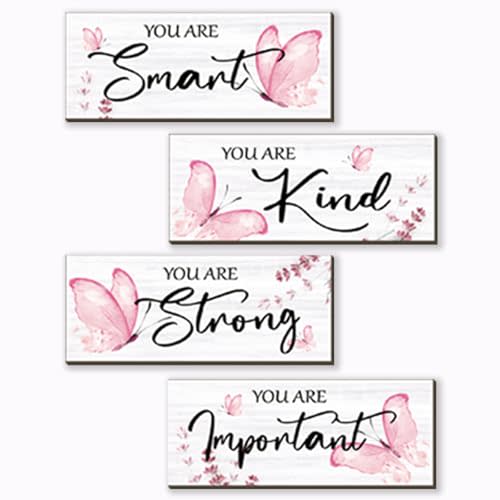 DONFENTHY 4 Pcs Butterfly Wall Decor Pink Room Decor Wooden Positive Butterfly Decor with Inspirational Word Sign for Teen Girls Women Room Bathroom Bedroom Office(Pink,10x4 Inch)