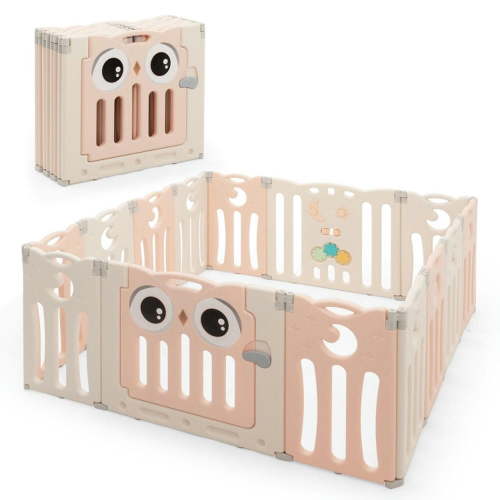 Yardi Yard 14-Panel Baby Playpen Kids Activity Center Foldable Play Yard with Lock Door-Pink,
