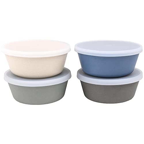WeeSprout Bamboo Kids Bowls with Lids, Set of Four 10 oz Kid-Sized Dinnerware, Cereal, Leftovers & Snack Bowl, Dishwasher Safe (Blue, Green, Gray, & Beige)