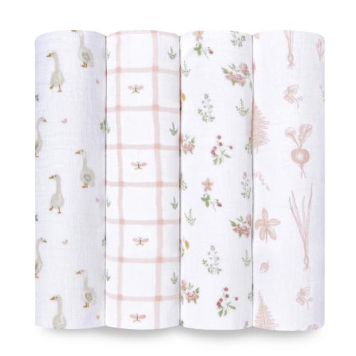 aden + anais™, Cotton Muslin Swaddle Blanket, Country Floral, Pink, Girls, Infants, 4-Pk