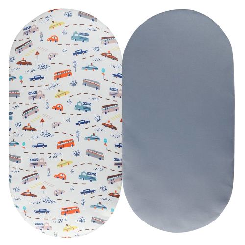 Bassinet Sheet Set 2 Pack Snug Fitted Cradle Fitted Sheets, Stretchy Ultra Soft, for Oval Rectangle Hourglass Bassinet Mattress, Unisex Boy Girl, Grey & Car