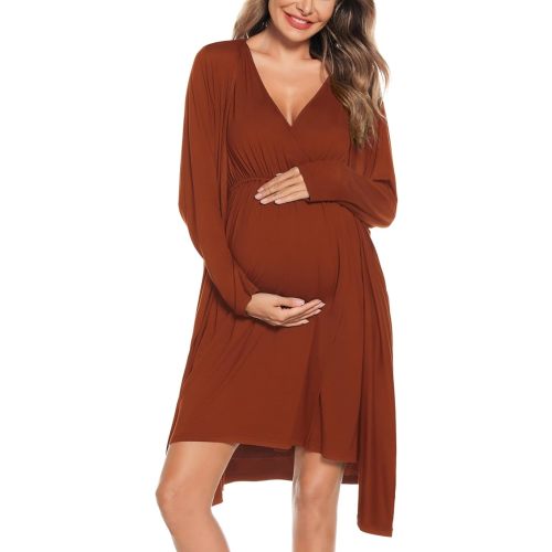 SWOMOG Women Maternity Nursing Gown and Robe Set 3 in 1 Labor Delivery Nursing Nightgown for Breastfeeding Hospital Bathrobe