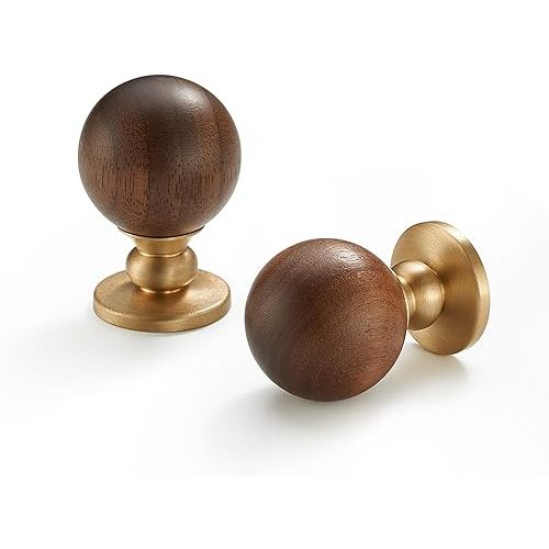 Wood and Brass Cabinet Knobs, 1-1/8inch Round Drawer Pull, Natural Wooden Handle for Furniture, Cabinets, and Drawers(2, Diameter: 1-1/8 Inch (29mm))