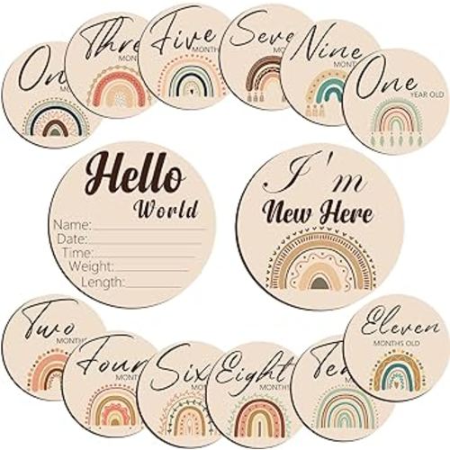 Baby Monthly Milestone,Wooden Monthly Milestone Photo Cards, Baby Announcement Cards, Pregnancy Journey Milestone Markers,7 Reversible Circles incl. Announcement Sign Baby Boy and Girl Gift Sets