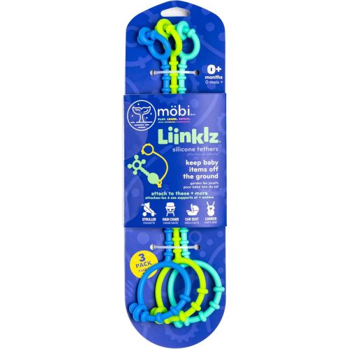 Mobi Liinklz Silicone Tethers - Toy Straps for Baby, Stroller Toy Straps, Baby Toy Holder, Toy Safety Straps, High Chair, Flexible & Soft, Easy to Connect, 0 Months+ - Cool Colors (Pack of 3)