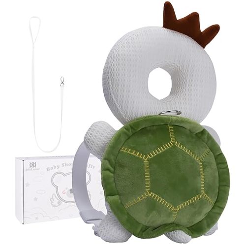 Bebamour Baby Walkers Head Protector Toddler Adjustable Baby Safety Pad Backpack Wear for Crawling with Safety Leash (White, Tortoise)