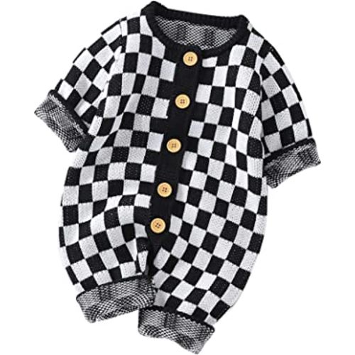 Newborn Baby Boys Jumpsuit Checkerboard Plaid Print Short Sleeve