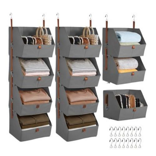 4-Tier Hanging Closet Organizer, Non-Woven Fabric, Detachable Modular Design with Hooks, for Wardrobe Dorm RV, Space-Saving Home Organizer, Grey