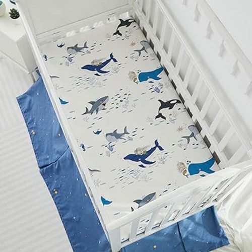 Brandream Ocean Shark Crib Sheet Sets Sea Whale Animal Fitted Crib Sheet for Boys and Girls Neutral Cotton Fish Mermaid Fitted Crib Sheet for Standard Crib Mattress, Amazing Marine Life