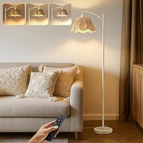Oneach Rattan Floor Lamp for Living Room with 3 Color Temperatures, Boho Floor Lamp for Bedroom with Remote & Dimmable Bulb, Farmhouse Standing Lamp for Reading, Antique White
