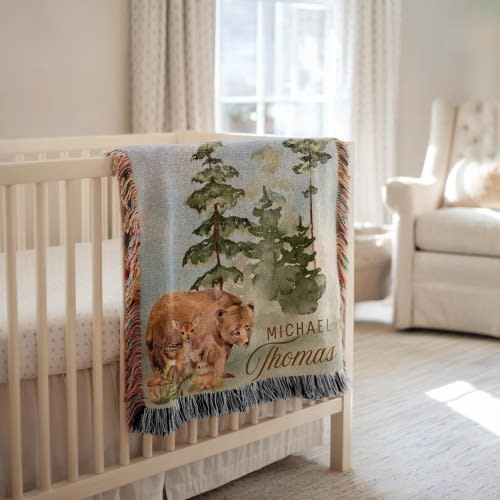 Personalized Forest Animal Baby Woven Blanket, Custom Baby Name Blanket, Animal Nursery Decor, Gift for Baby Boy, Rustic Kids Blanket Gift