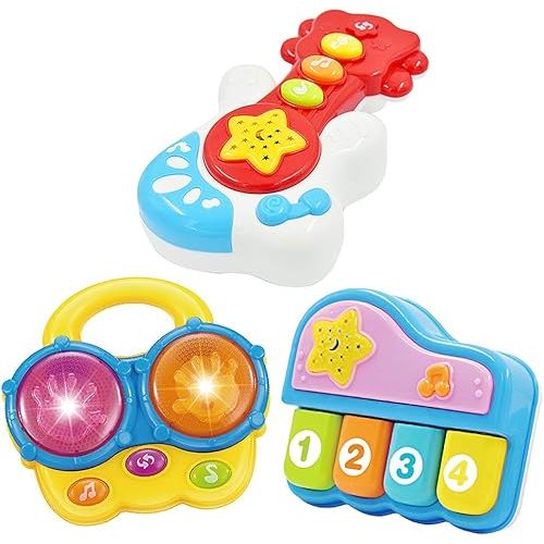 Portable Set of 3 (Piano, Bongo Drums, Guitar) Educational Toy for Music Learning and Entertainment for Ages 6 Months to 4 Years. All 6 Batteries Included.