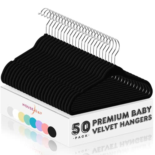 HOUSE DAY Velvet Baby Hangers 50 Pack, Premium Children's Hangers for Baby, Infant & Toddler Clothes, Durable Non Slip Baby Felt Hangers Black, 11 Inch Baby Hangers for Closet, Ideal for Everyday Use