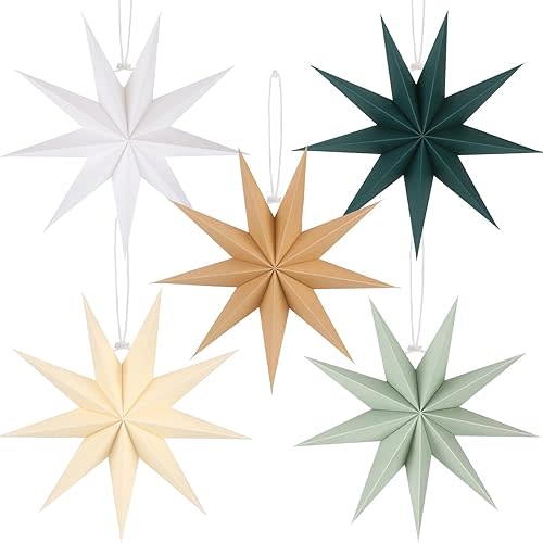 5 PCS Sage Green Paper Star Lanterns Hanging Stars Christmas Party Decorations Hanging Lampshade Christmas Wedding Birthday Christmas Home Party Decorations(12 Inch)