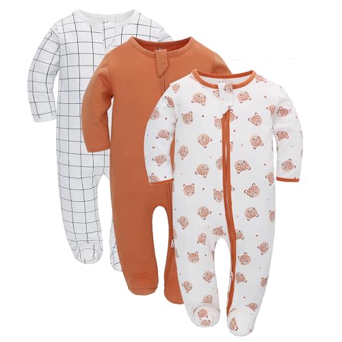 LAT 3-pack zip-up romper,Baby Sleep and Play Pajamas 00% Organic Cotton, Infant Girls Boys One-Piece Footies Romper Newborn