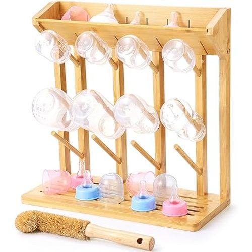 Geelin Bamboo Baby Bottle Drying Rack for 12 Bottles Large Vertical Baby Bottle Dryer Holder with Wooden Clean Brush Coconut Fibre Brush for Saving Space Busy Parents Quick Drying Easy Cleanup Storage