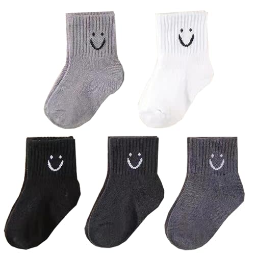 Nanmuir Toddler Boys Girls Crew Socks, Smiley Face Unisex Kids Soft Cotton Solid Color Dress Ankle Socks, Pack of 5